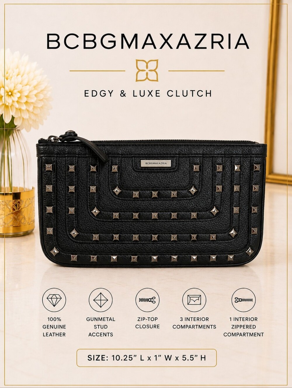 🖤 BCBGMAXAZRIA Black Studded 100% Genuine Leather Clutch Bag | Edgy & Luxe 🖤
